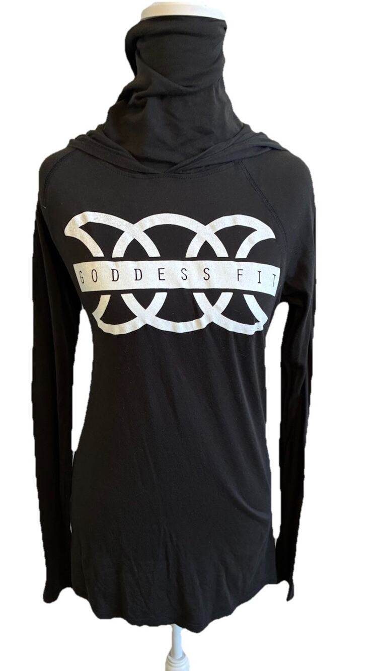 Goddess Fit Long Sleeve Hood Black Top Activewear Neck Warmer Outdoor Hike Run M